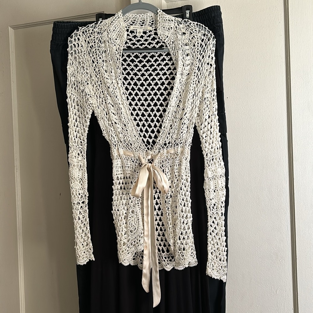 Banana Republic Crochet Ivory Cardigan with Silk Ribbon tied waist ~ EUC